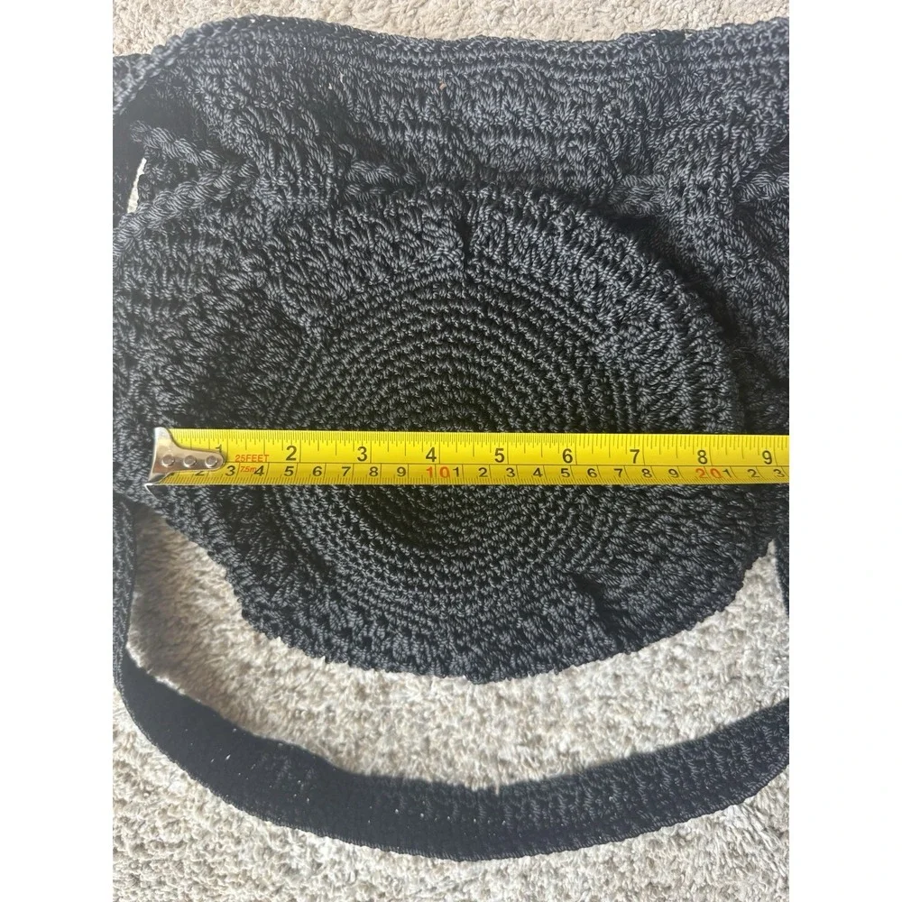 THE SAK Crochet Drawstring Purse Backpack Black Bucket Handbag Excellent